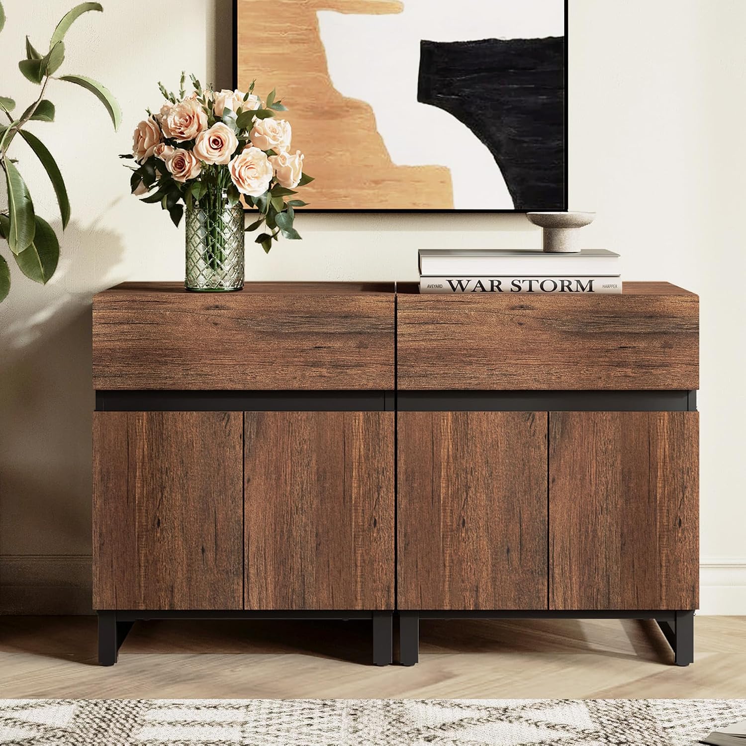 WAMPAT 3 Pieces Living Room Table Set, Modern Coffee Table with Tempered Glass Top, Modern End Table with 1 Drawer & 1 Storage Cabinet for Living Room