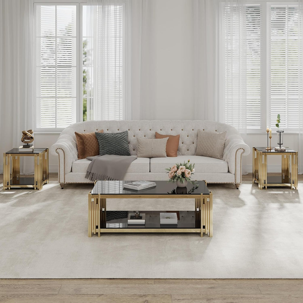 SSLine Black Glass Coffee Table with Gold Stainless Steel Frame Luxury Rectangle 2-Tier Coffee Table for Living Room Modern Elegant Cocktail Center Table with Storage Shelves for Home Office
