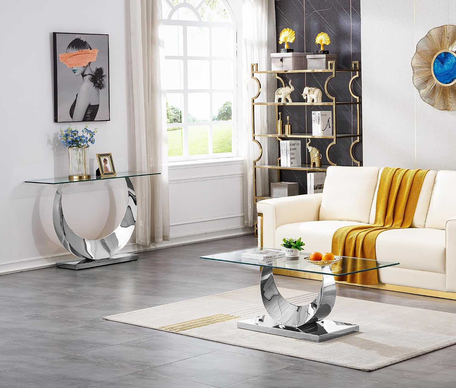2 Pieces Living Room Table Set, Glass Coffee Table Set of 2, Modern Coffee Table and Console Table with U-Shaped Stainless Steel Base for Living Room (Silver)