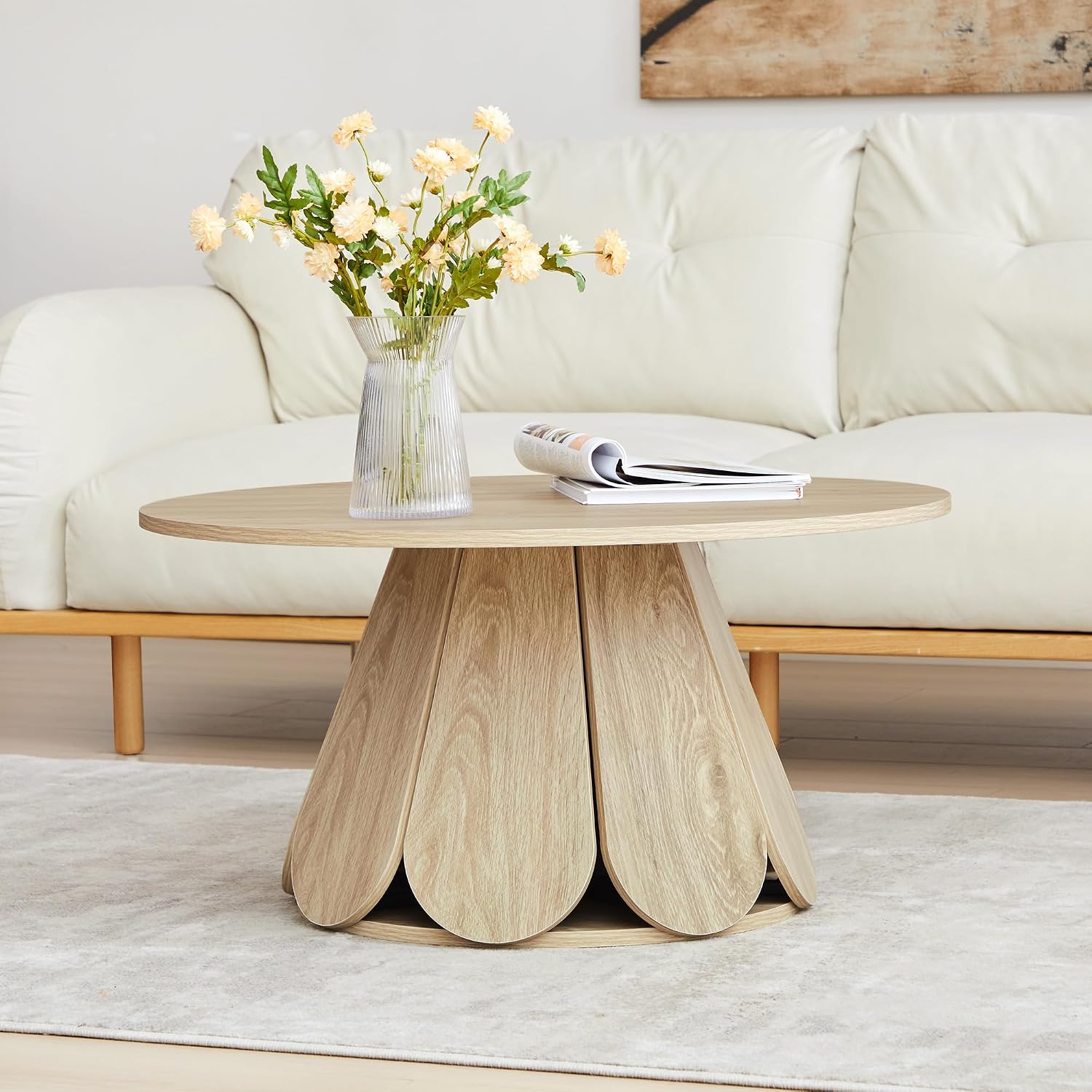 Round Coffee Table, Modern Farmhouse Wood Circle Center Table with Pedestal Base for Small Space, Living Room, Apartment, Natural