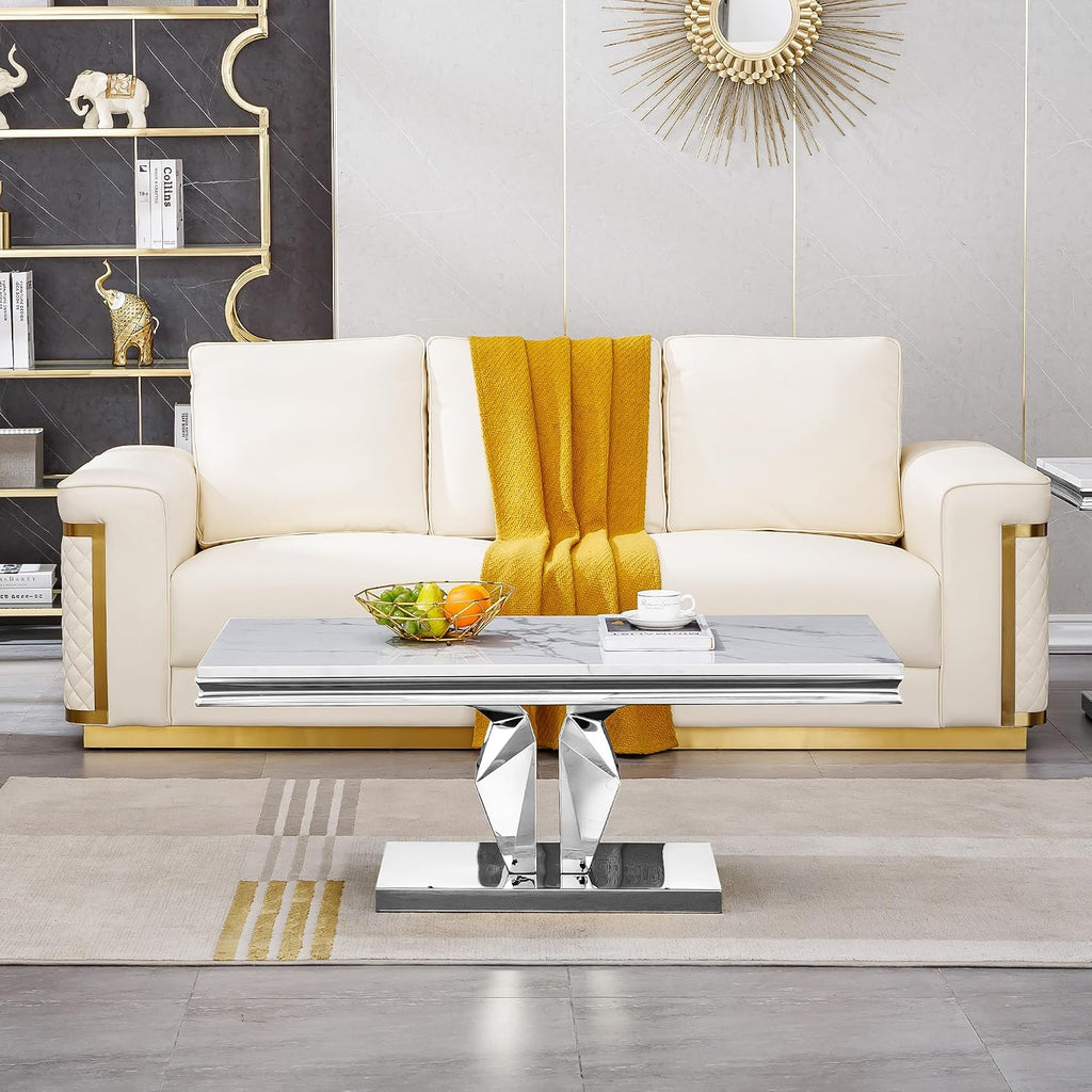 Modern Marble Coffee Table, 47' White Silver Coffee Table with Mirrored I-Shape Stainless Steel Base, Faux Marble Rectangle Living Room Center Table Cocktail Tea Table for Home Office