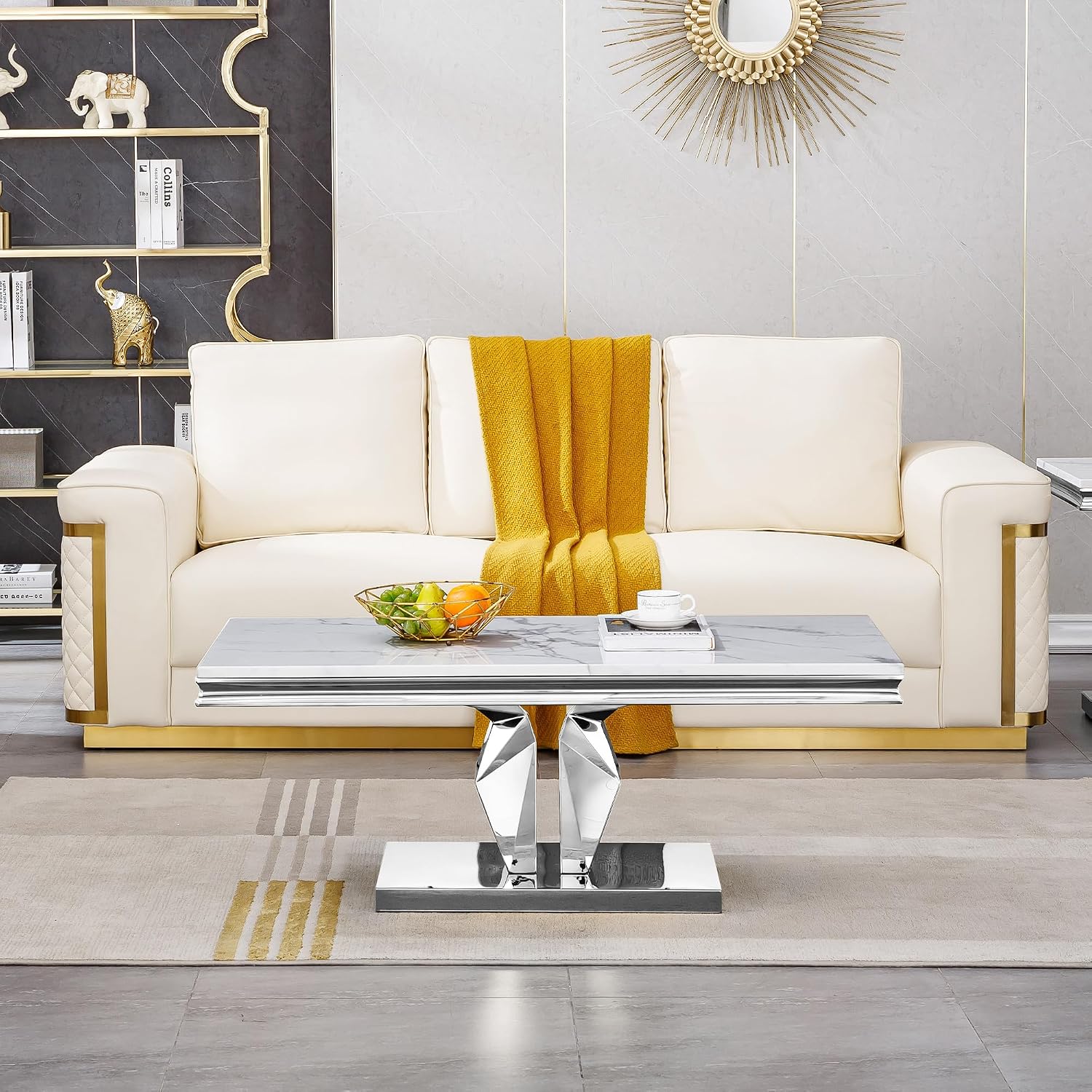 Modern Marble Coffee Table, 47' White Silver Coffee Table with Mirrored I-Shape Stainless Steel Base, Faux Marble Rectangle Living Room Center Table Cocktail Tea Table for Home Office