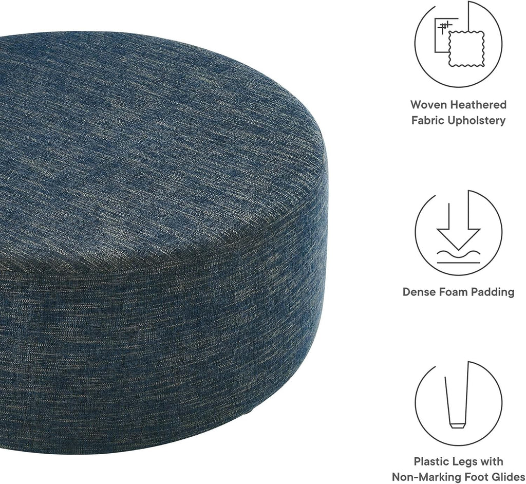 Modway Callum 38 Inch Round Ottoman in Heathered Weave Azure - Heathered Woven Fabric - Versatile Upholstered Coffee Table and Footrest - Couch Ottoman - Living Room Accent Table
