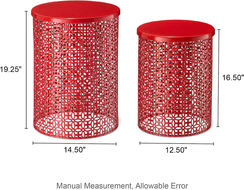 Glitzhome Accent Tables Living Room Set of 2, Round Metal Side End Table, Small Circle Coffee Bedside Table, Planter Stand for Couch Nightstand Bedroom Patio Backyard, Glossy Red