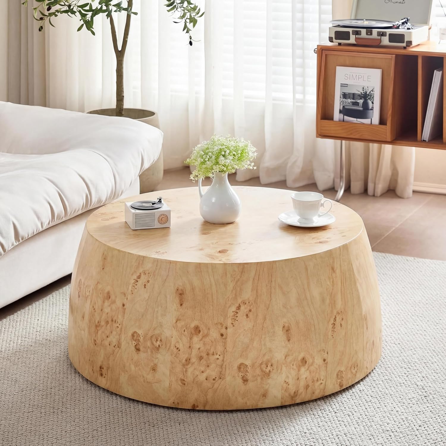 YYQ Upgraded 34.6' Round Coffee Table for Living Room, Burl Faux Marble Pattern Coffee Table, Reversible Drum Coffee Table, Tea Table Wooden Table for Home Office, No Assembly Required