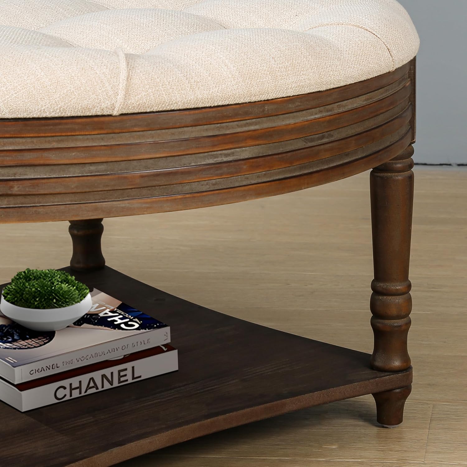 31.49'' Round Coffee Table with Storage Space, 2-Tier Modern Wood Circle Coffee Table for Living Room, Moveable Table Top & Easy Assembly & Waterproof Upholstered Linen, Beige & Wood