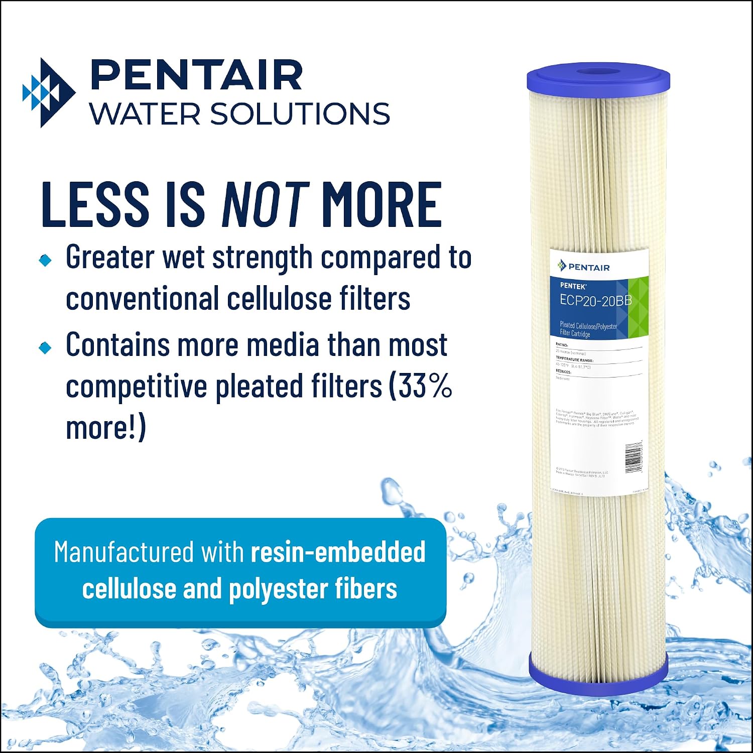 Pentair Pentek ECP20-BB Big Blue Sediment Water Filter, 10-Inch, Whole House Pleated Cellulose Polyester Cartridge, 10' x 4.5', Blue End-Cap, 20 Micron, Pack of 8