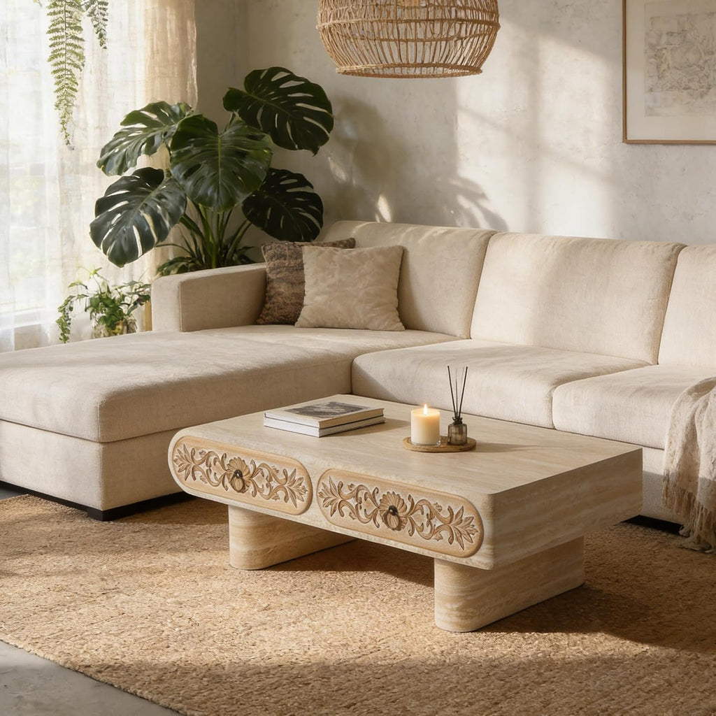 39.5' Faux Mars Coffee Table with Storage, Modern Travertine Coffee Tables with 2 Solid Wood Carved Drawers for Living Room, Rectangular Coffee Center Tea Table with Sturdy Legs for Apartment