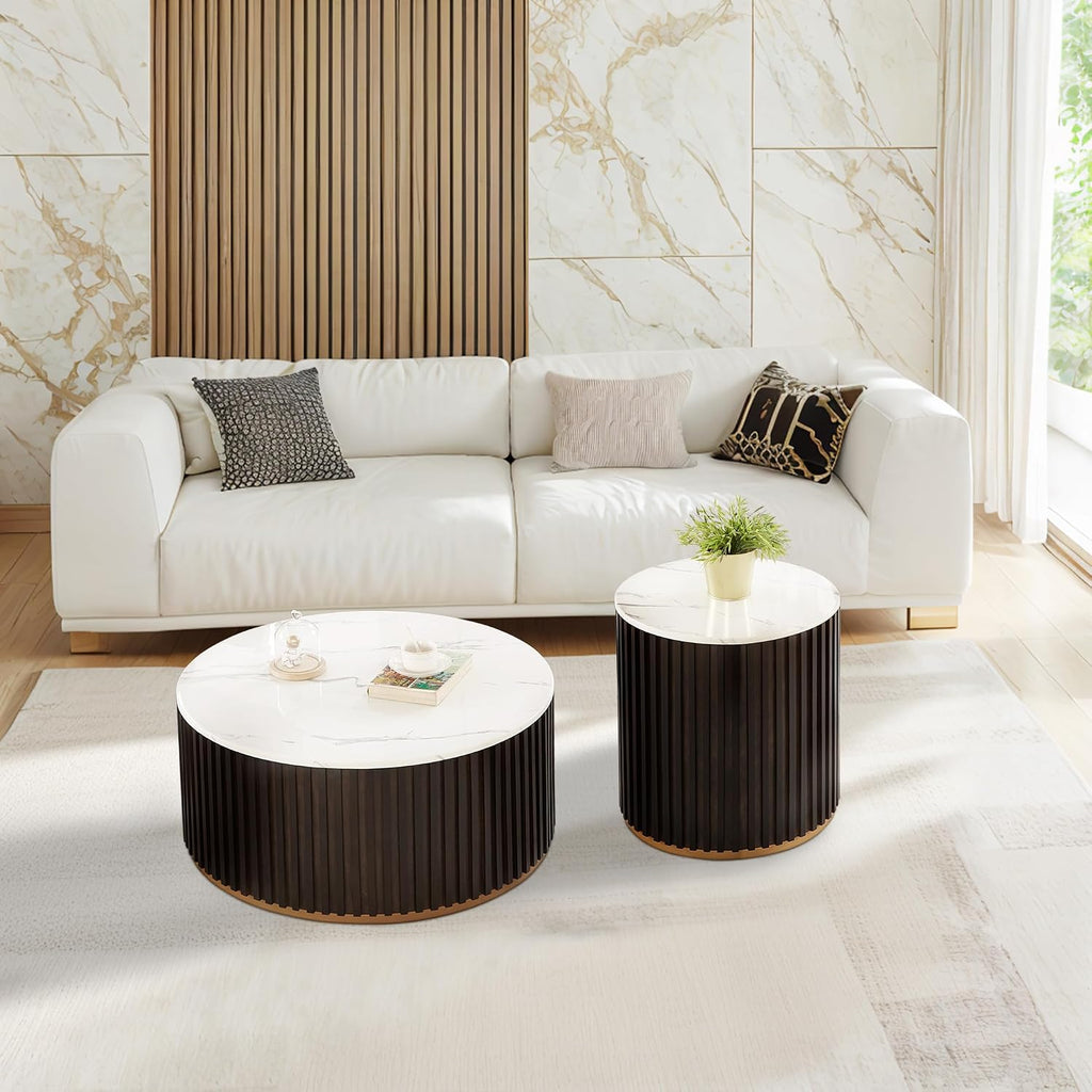 Round Wood Coffee Table Set of 2 with Marble Lid ＆ Hidden Storage, Handcraft Drum Side Table, Modern Circle Wooden End Table Set for Living Room, No Need Assembly(Black Brown,31x31x16 in)