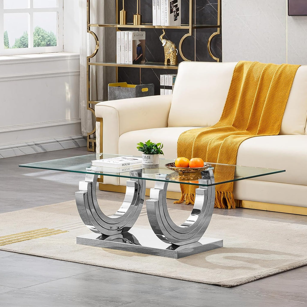 1 Piece Living Room Coffee Table Luxury Glass Center Table, Modern Silver Coffee Table with C-Shape Stainless Steel Pedestal Base