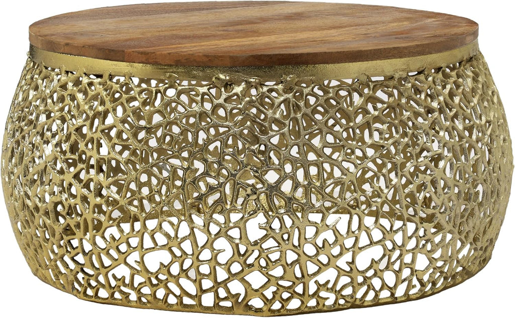 Christopher Knight Home Helast Aluminium Coffee Table with Round Mango Wooden Top, 27.5'' W Modern Indoor Accent Table for Living Room Bedroom Home Office, Abstract Hollow Frame, Gold