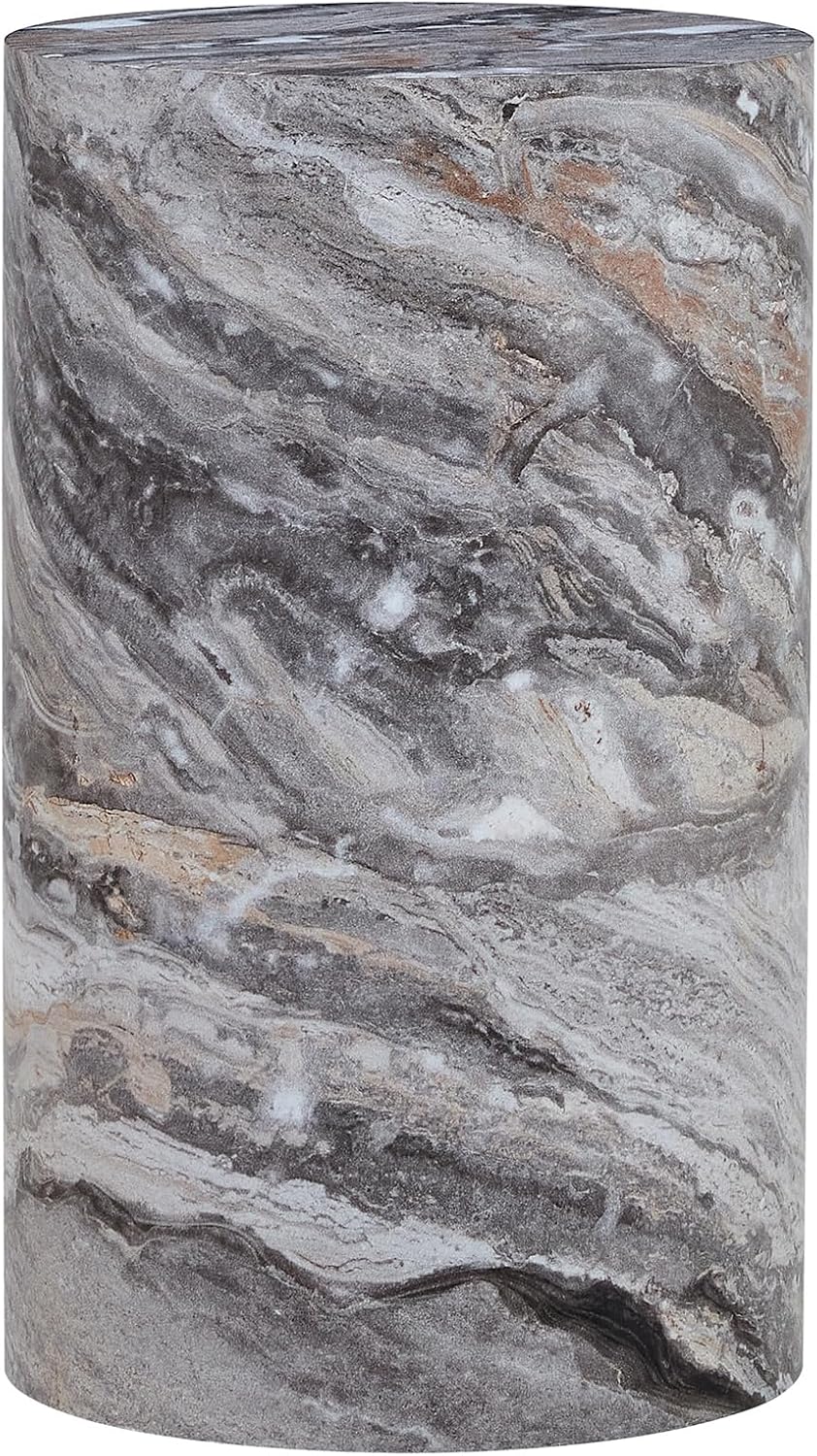 Grey Marble Small Coffee Table Modern Drum-Shape Bedside Table Nightstand for Bedroom Living Room Round Faux Marble Side End Table Beside Sofa Couch -Fully Assembled(12 x 12 x 19.7 H)