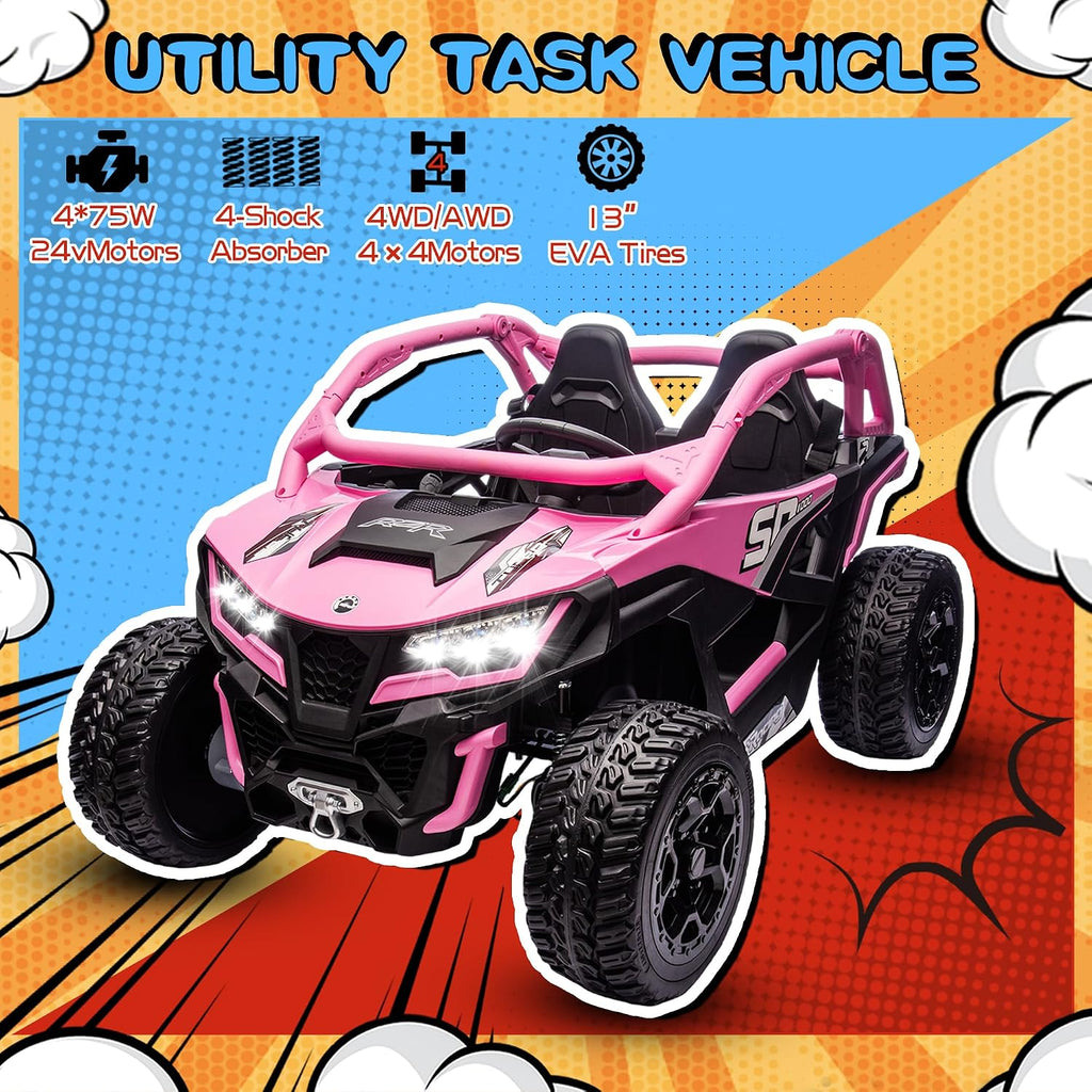 wanan XL 24V 10AH Ride on Toys for Big Kids Real 2-Seater, 4x4 4WD Motor Ride on Car Kid UTV for Kids 3-8, Remote Control, Bluetooth Music, 4 Spring Suspension, 22' Spacious Seats (Pink)
