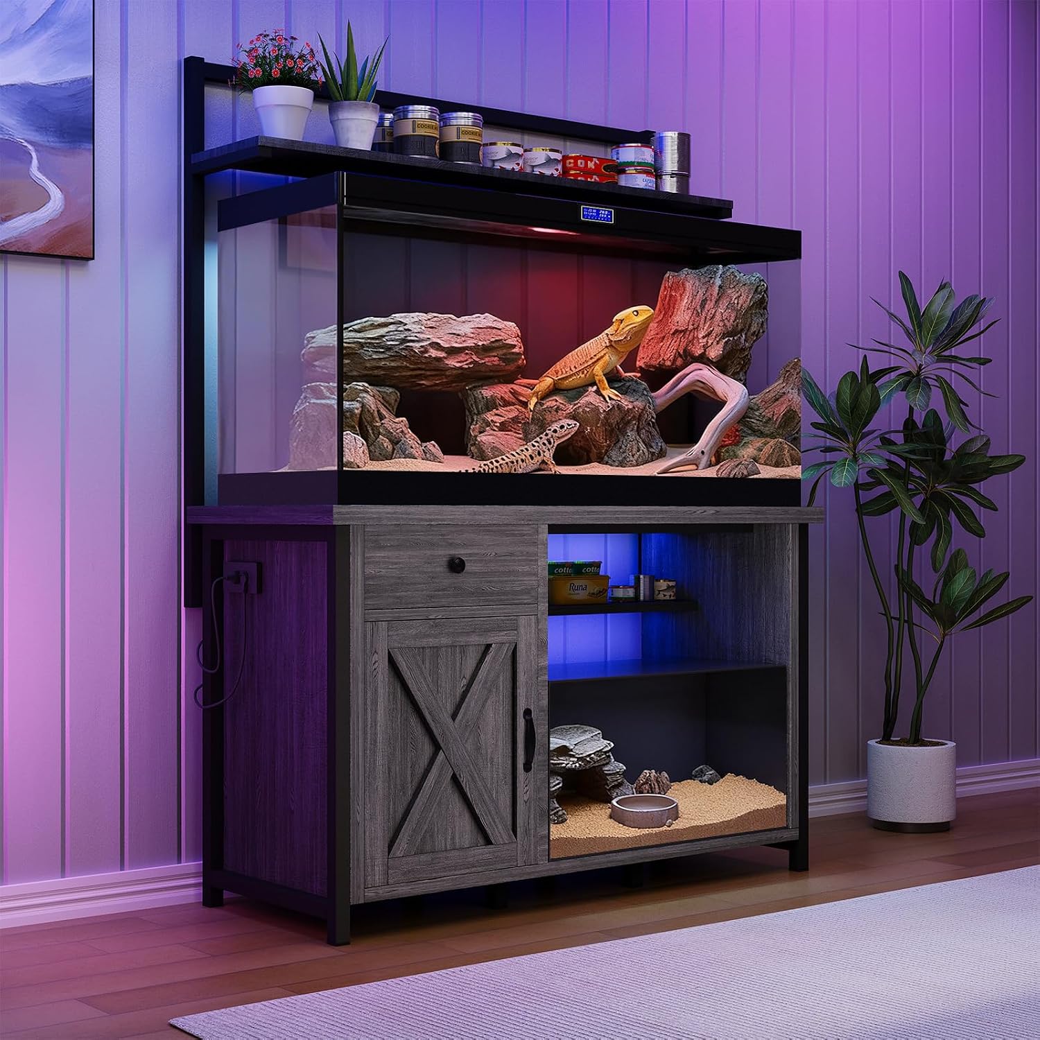 Reptile Tank Stand with Power Outlet, Terrarium Stand with Storage Cabinet, 49' X 20' Tabletop, Aquarium Stand with LED Lights, Reptile Terrarium,Turtle Tank (Gray)