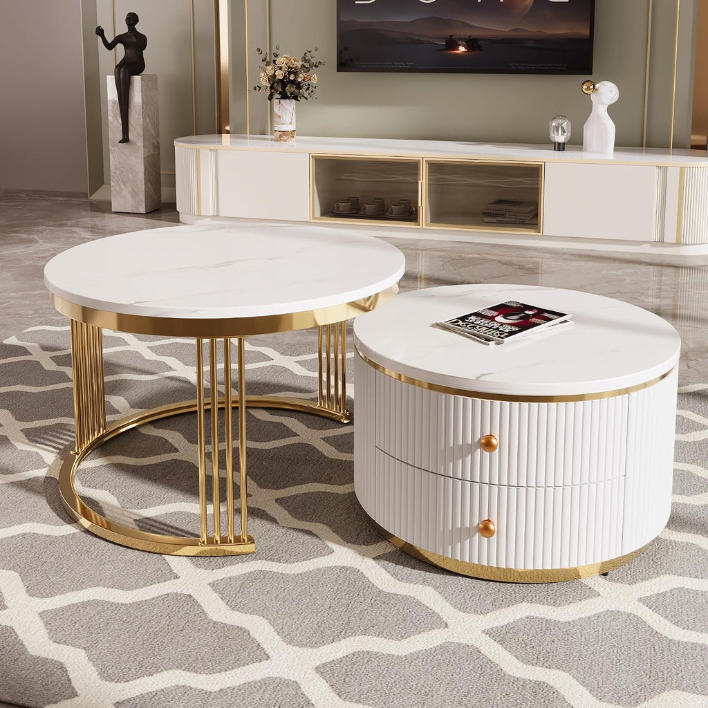 Merax 2 Pieces Modern Round Nesting Coffee Table with 2 Drawers, for Living Room, Small Space, Apartment, Gold+White