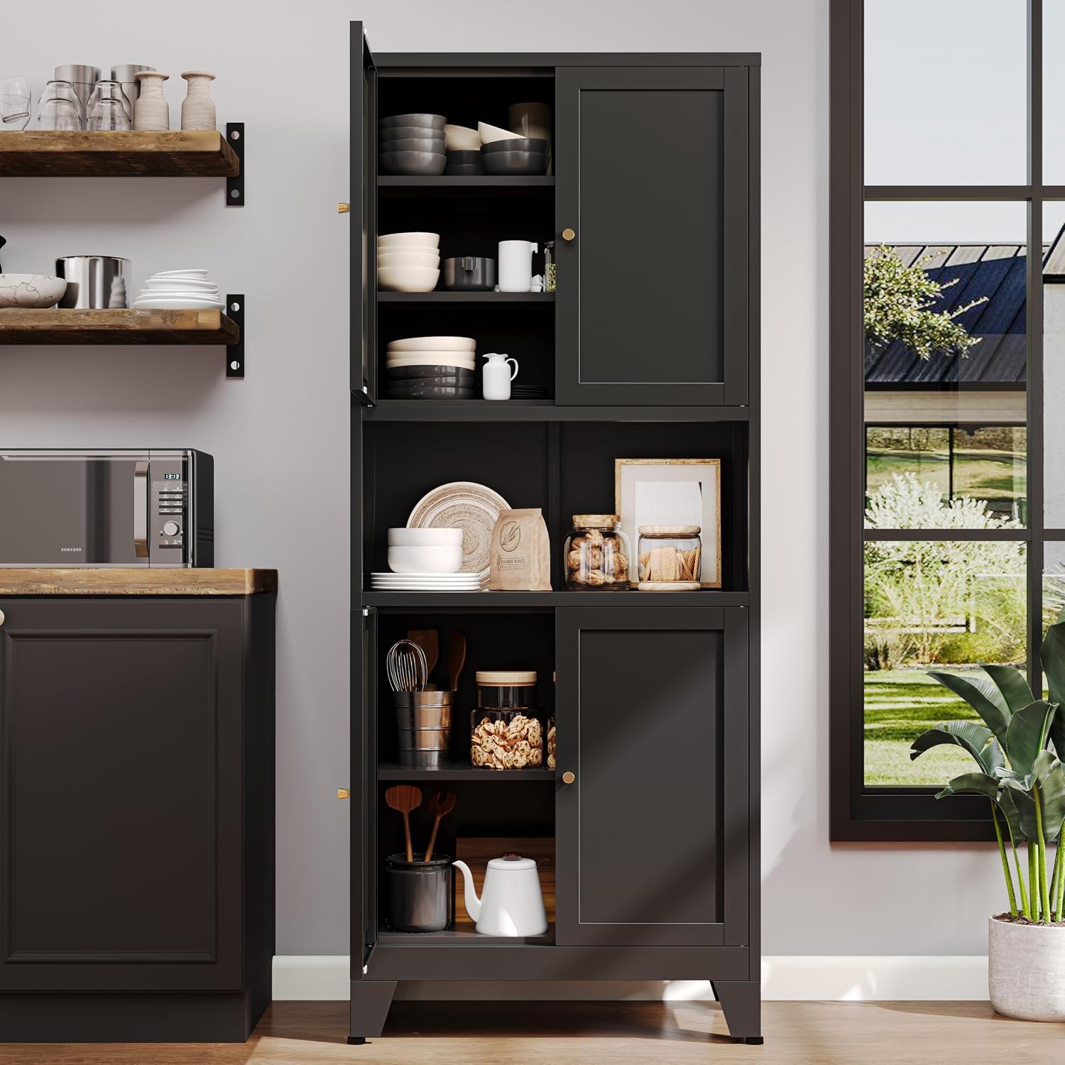69' H Kitchen Pantry Cabinet with Countertop,Kitchen Hutch Cabinet with Storage,Black Metal Storage Cabinet,Microwave Cabinet,