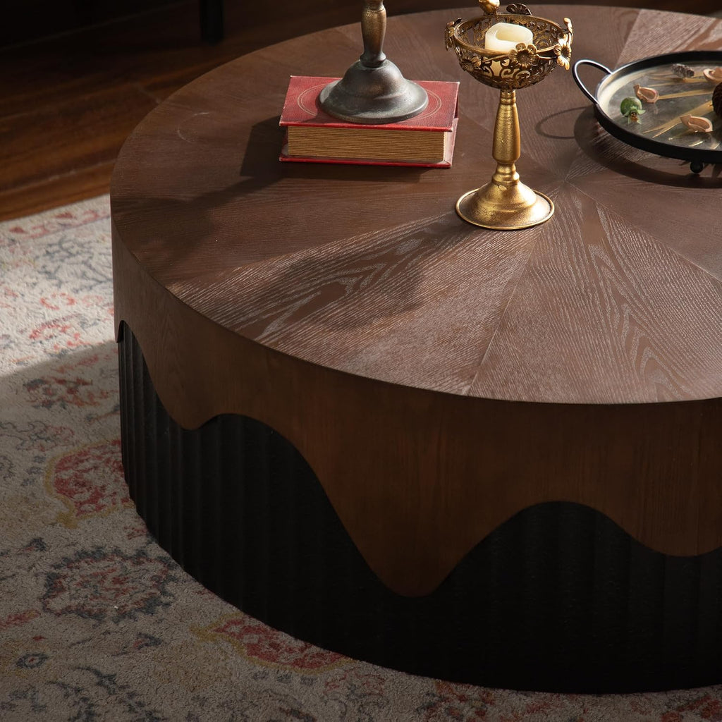 38.97'' Handcrafted Round Coffee Table for Living Room, Modern Mid-Century Circle Drum Wood Coffee Table, Easy Assembly, Black & Walnut