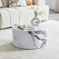 23.6' White Marble Small Coffee Table for Living Room Round Faux Marble Center Table Modern Drum-Shape Wooden Cocktail Table for Home Office - Fully Assembled