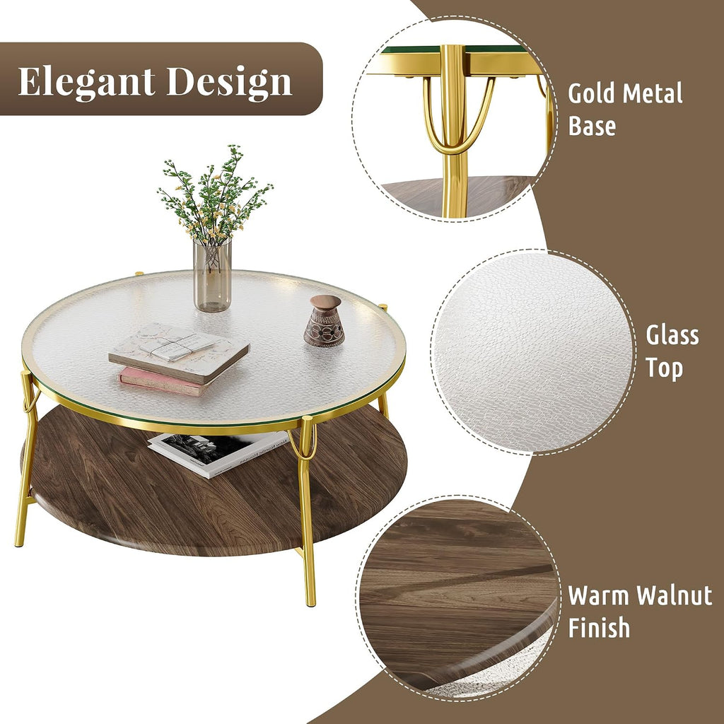32.7'' Tempered Glass Round Coffee Table for Living Room, 2-Tier Modern Circle Coffee Table, Glass Tabletop & Metal Base, Easy Assembly, Gold & Walnut