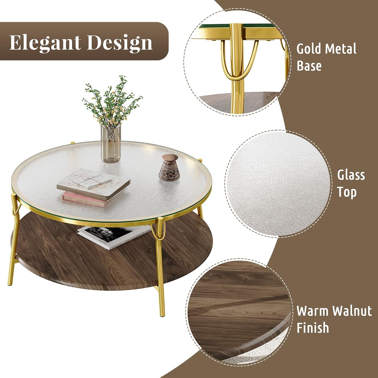 32.7'' Tempered Glass Round Coffee Table for Living Room, 2-Tier Modern Circle Coffee Table, Glass Tabletop & Metal Base, Easy Assembly, Gold & Walnut