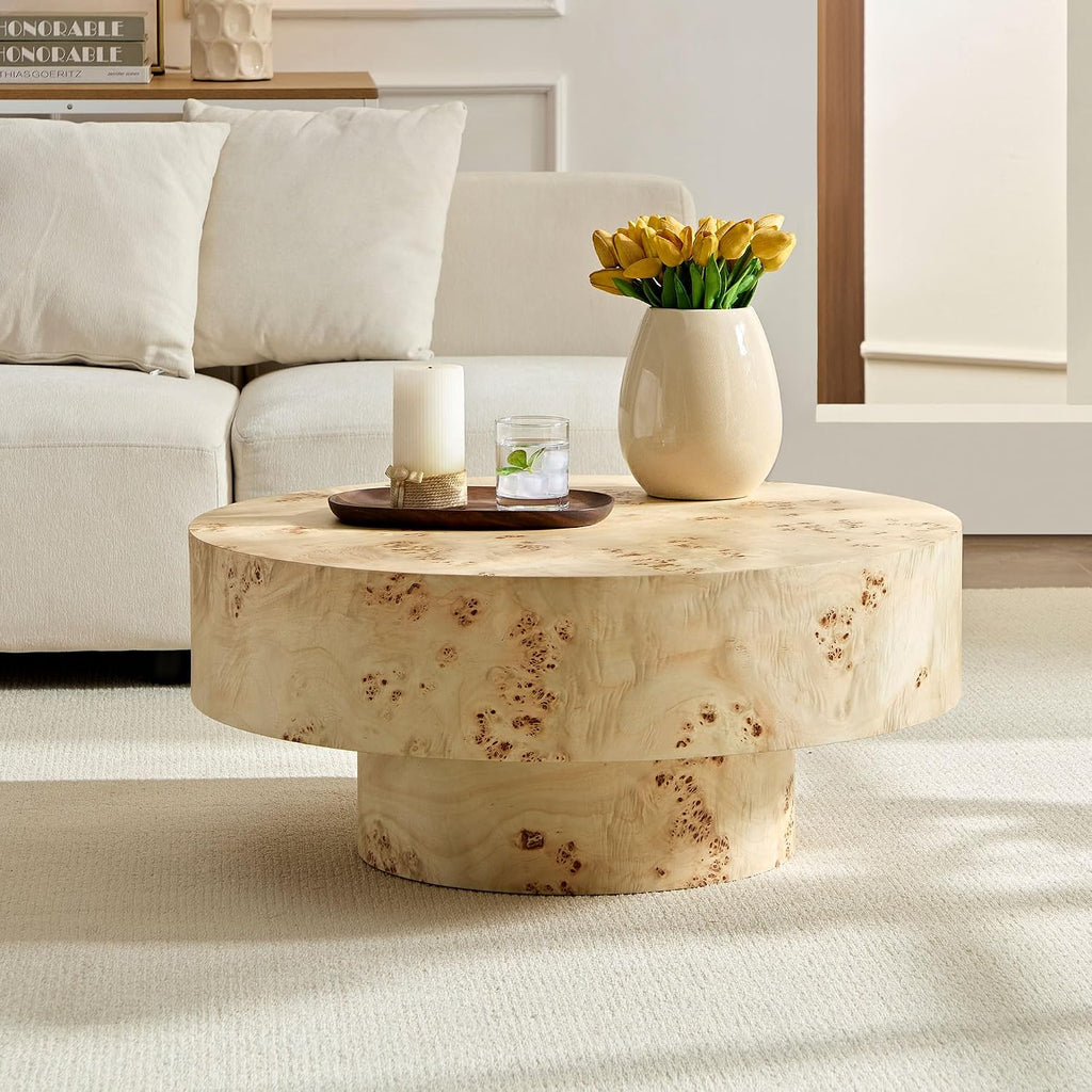 WILLIAMSPACE 31.49' Round Coffee Table with Burl Wood Veneer & Pedestal, Modern Wood Circle Drum Center Table for Living Room, Circular Accent Side End Table for Apartment, 13.77' H (Natural Burl)