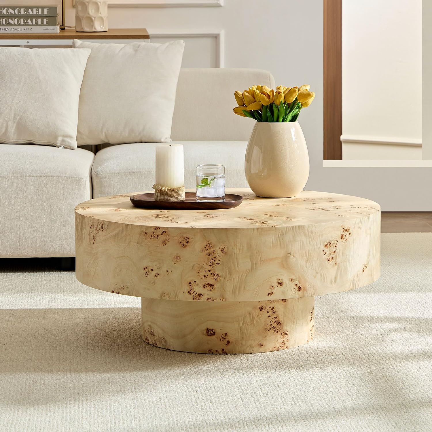 WILLIAMSPACE 31.49' Round Coffee Table with Burl Wood Veneer & Pedestal, Modern Wood Circle Drum Center Table for Living Room, Circular Accent Side End Table for Apartment, 13.77' H (Natural Burl)