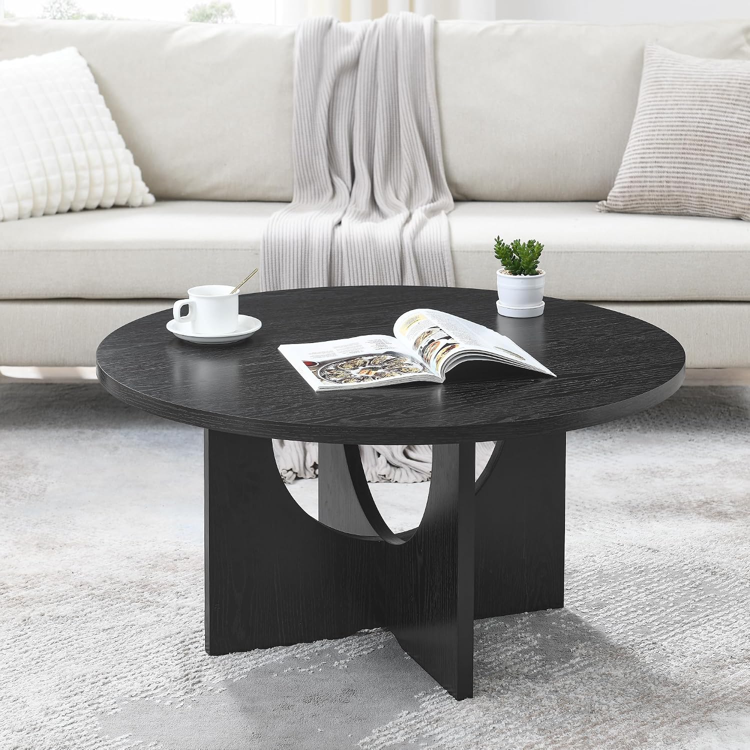 35.8' Black Round Coffee Table, Furniture Table,Modern Accent Table with Reverse Arch,Multi-Purpose Side Table, Veneer Finish End Table for Living Room,Bedroom,Office,and Small Spaces (Black,35.8')
