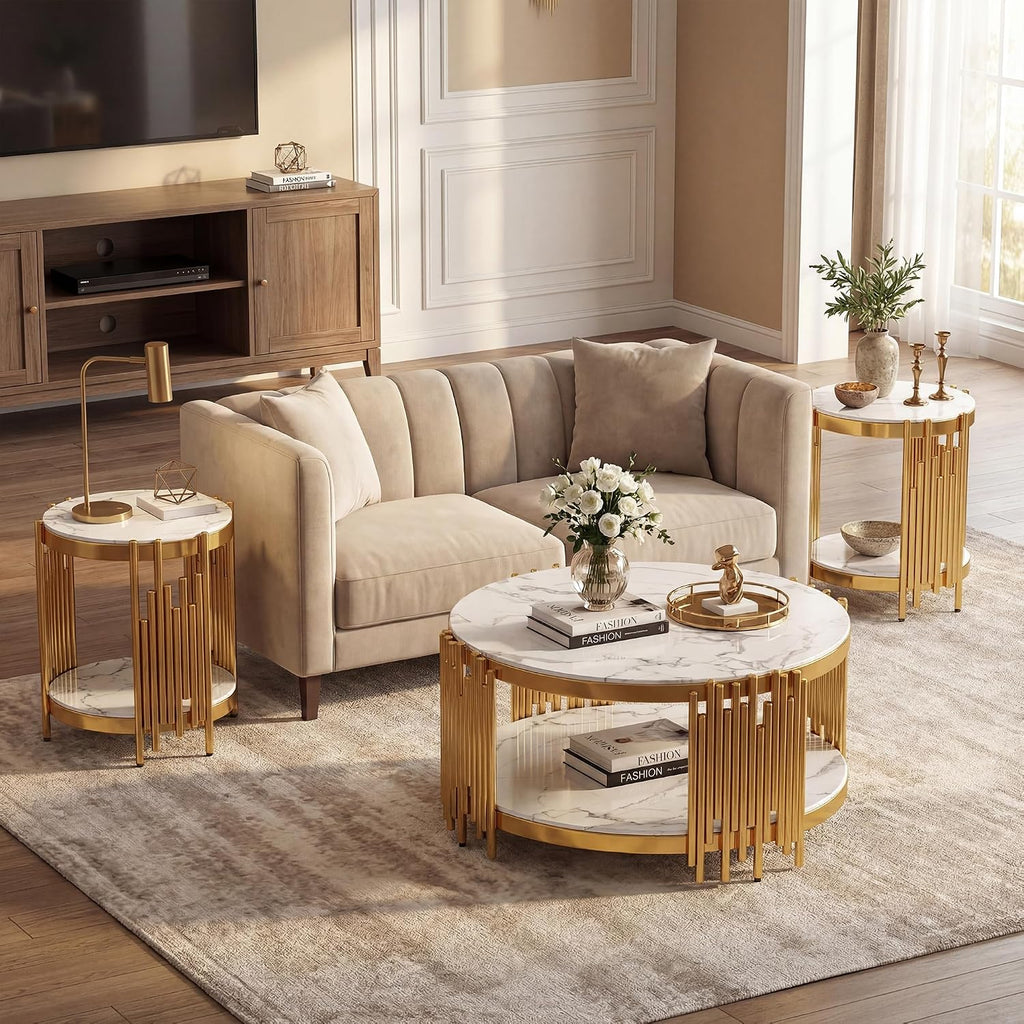 3-Piece Coffee & 2 End Table Set, 2-Tier Round White Faux Marble Tables with Gold Stainless Steel Frame, Modern Living Room Table Set for Bedroom or Office