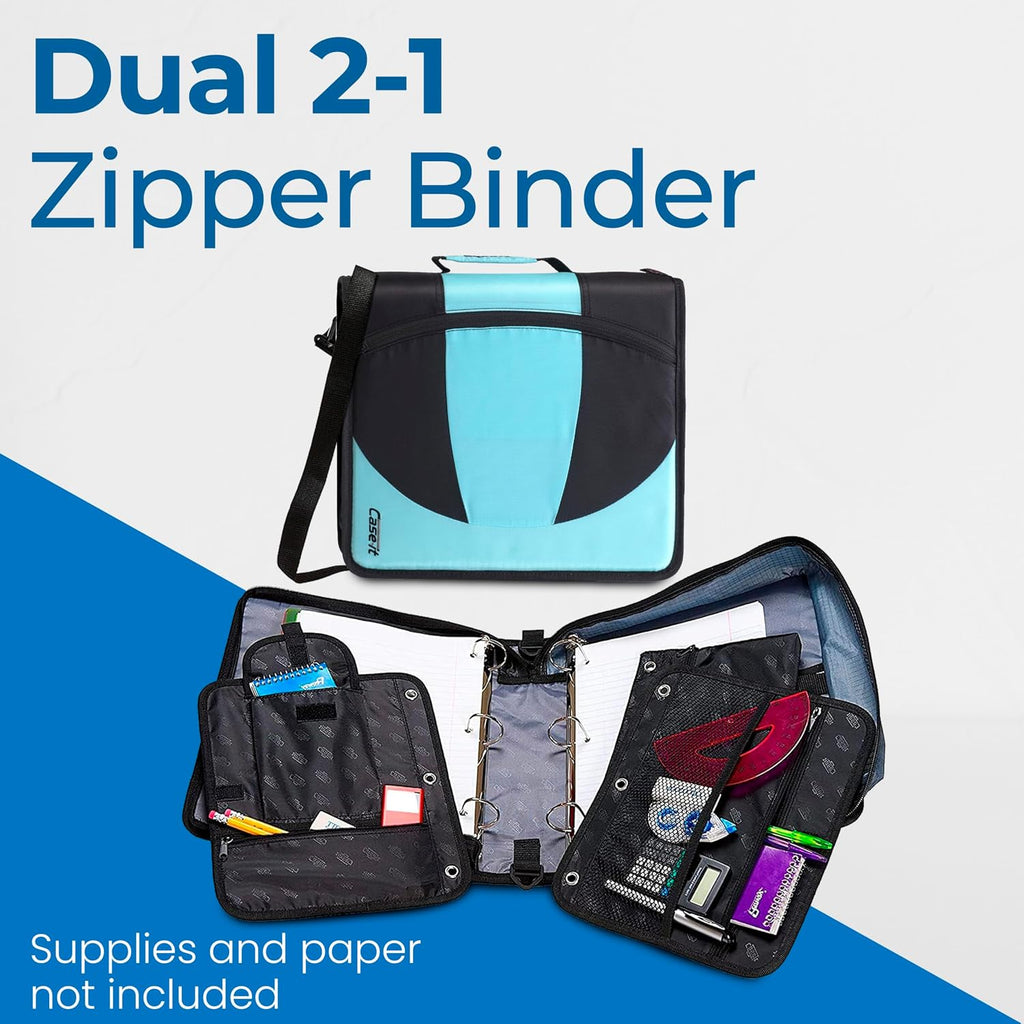 Case-it The Dual 2-in-1 Zipper Binder | Two 1.5-Inch D-Rings, 600 Sheet Capacity, Pencil Pouch & Multiple Pockets | School & Office Organizer with Shoulder Strap | Dual-101 Spearmint (Pack of 6)