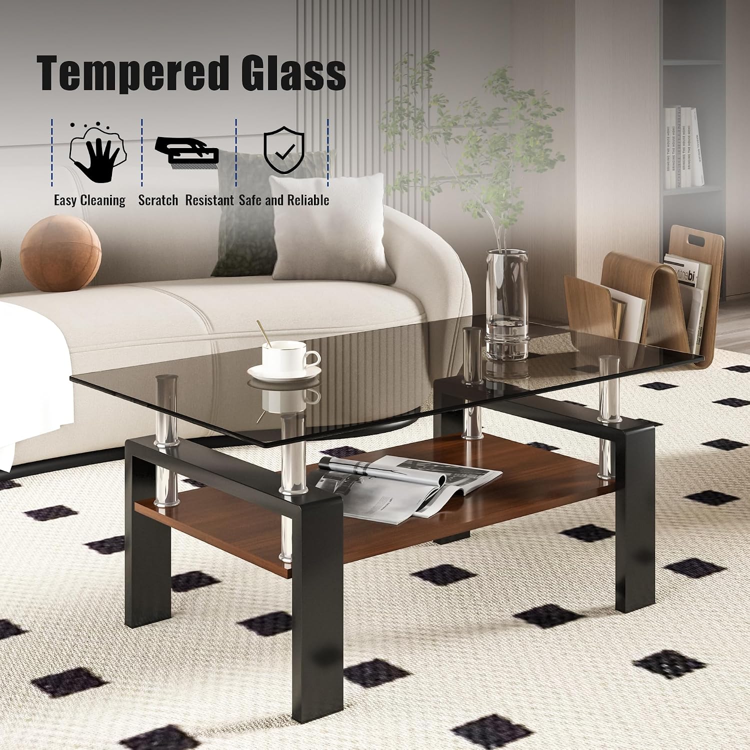 Modern Glass Coffee Table Set of 3 with Storage, Black End Tables with Metal Leg, Gray Rectangle Tempered Glass Center Table for Living Room Furniture
