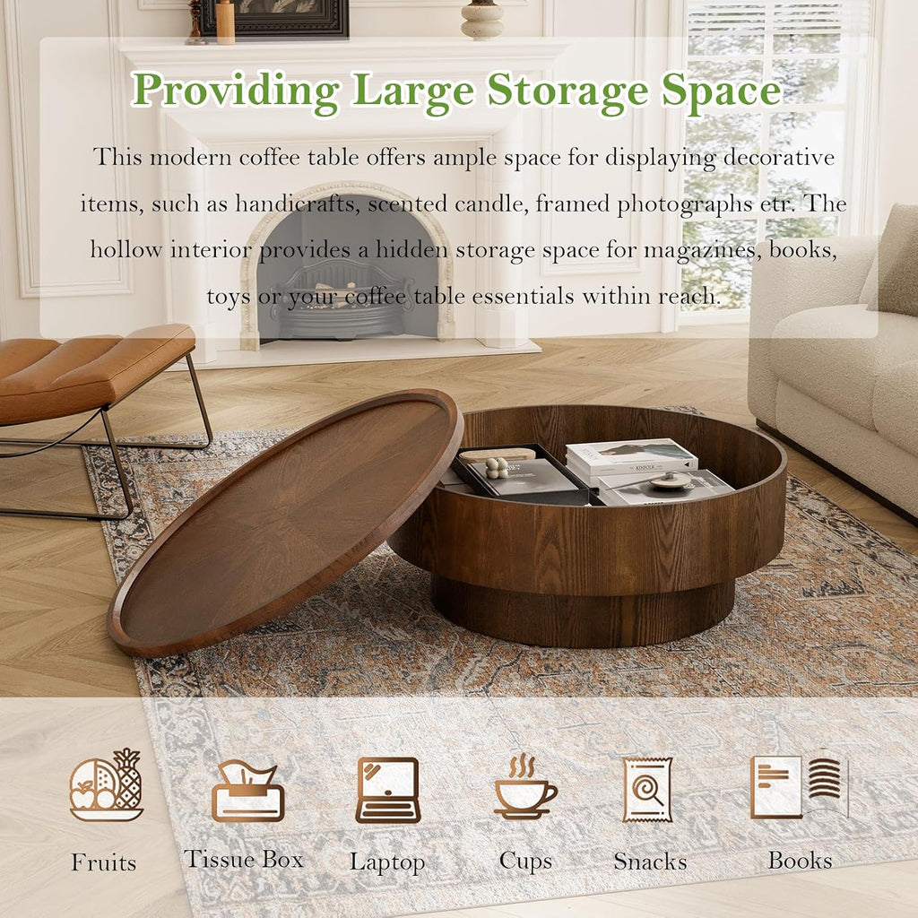 30.7' Round Coffee Table with Storage Modern Stylish Circle Storages Coffee Table with Solid Wood Veneered for Living Room Study Balcony Farmhouse (Circle Storage Table 30.7in)