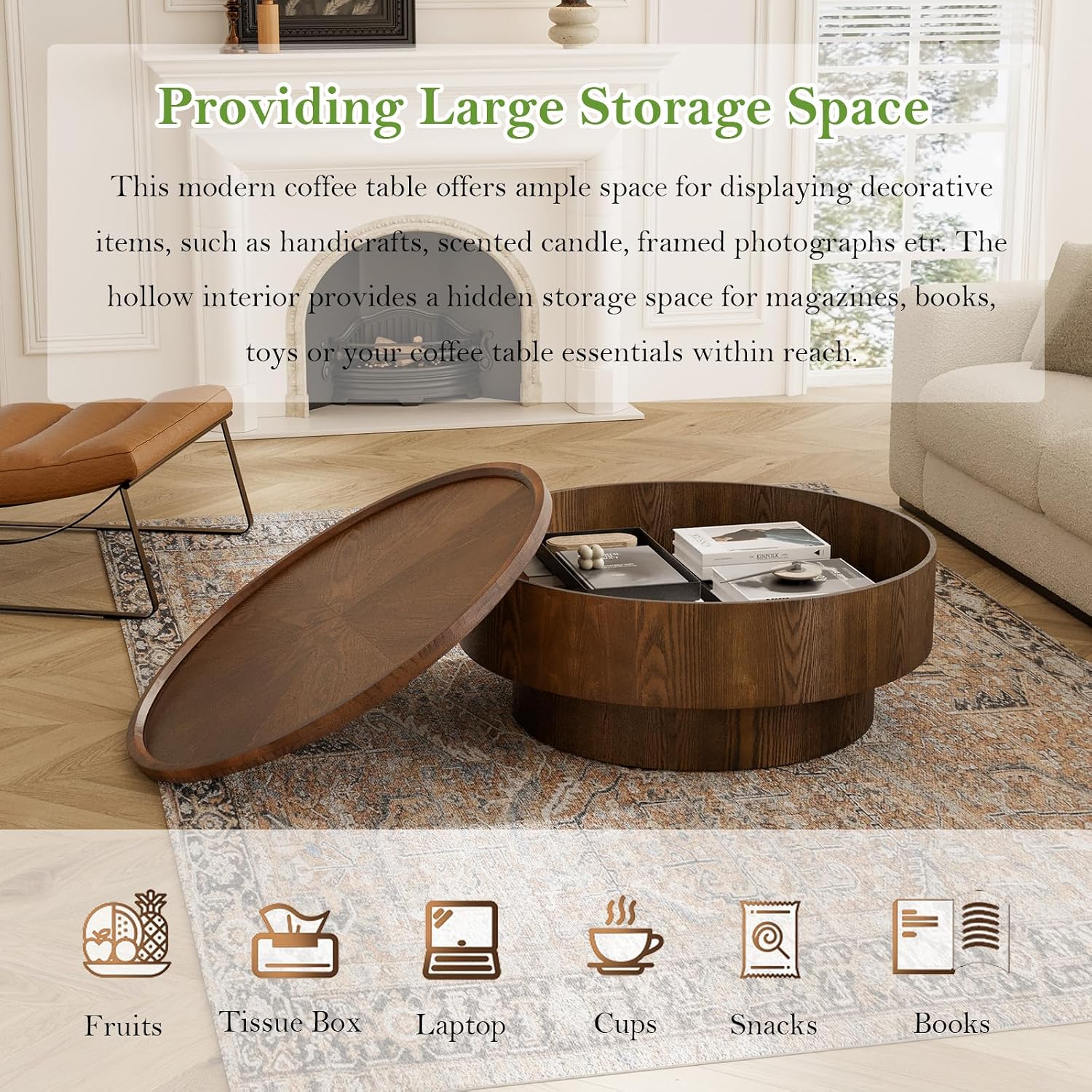 30.7' Round Coffee Table with Storage Modern Stylish Circle Storages Coffee Table with Solid Wood Veneered for Living Room Study Balcony Farmhouse (Circle Storage Table 30.7in)