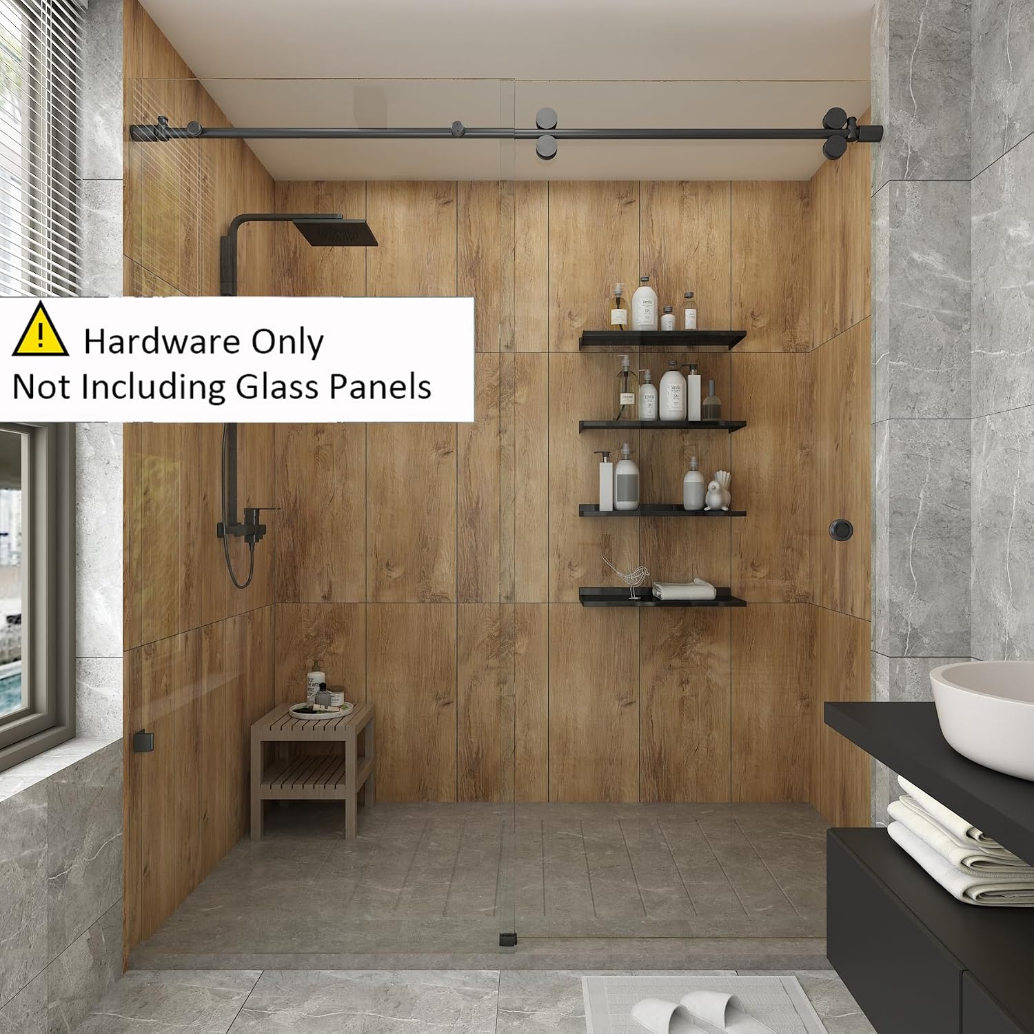 DIYHD 6.6FT Sliding Shower Door Hardware, in-Line Frameless Shower Door Kit for 8–10mm Glass, 304 Stainless Steel Black Finish, Space-Saving Design, No Glass Included