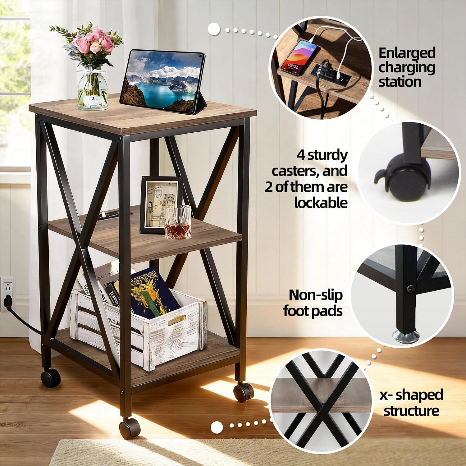 End Tables Living Room Set of 2, Square End Table with Charging Station, 16' D X 16' W X 28' H, Wood and Metal Table with USB Ports and Outlets, Side Table with Wheels for Living Room, Bedroom, Grey