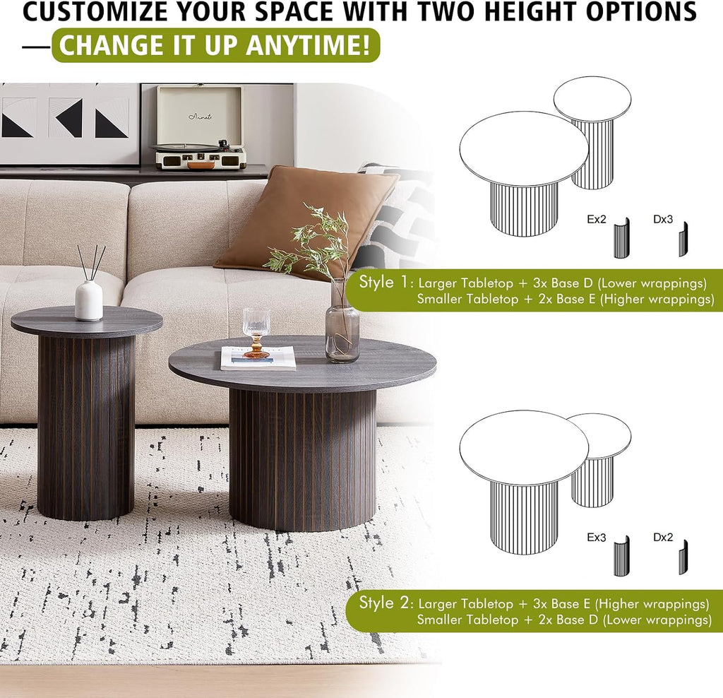 Round Coffee Tables Set of 2, Circle Modern Small Wood Side Table with Fluted Style Drum Base for Living Room Bedroom Balcony Office, Balck