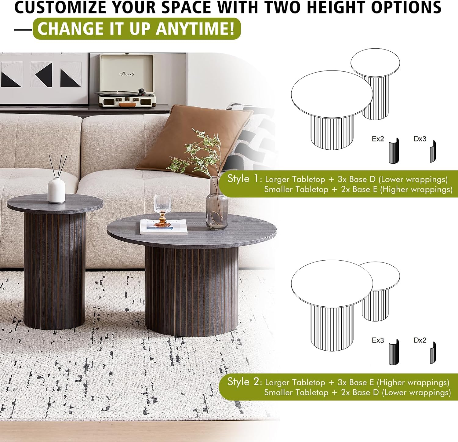 Round Coffee Tables Set of 2, Circle Modern Small Wood Side Table with Fluted Style Drum Base for Living Room Bedroom Balcony Office, Balck