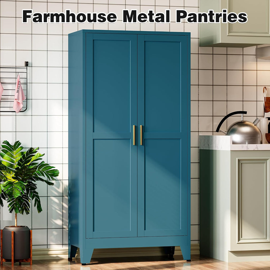 Bevivog Bathroom Storage Cabinet Freestanding, 61' Tall Metal Cabinets with Doors and Shelves, Blue Metal Pantry Cabinet for Kitchen, Living Room, Home Office