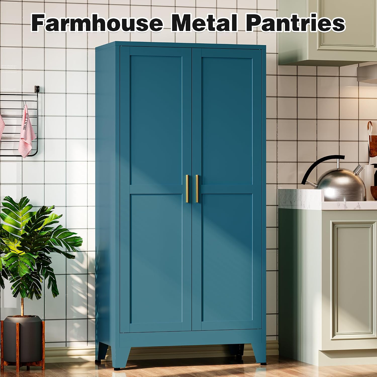 Bevivog Bathroom Storage Cabinet Freestanding, 61' Tall Metal Cabinets with Doors and Shelves, Blue Metal Pantry Cabinet for Kitchen, Living Room, Home Office