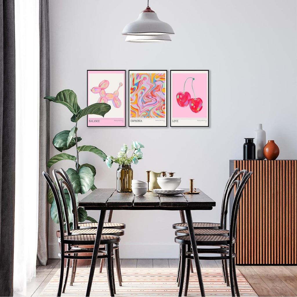 Trendy Set Of 3 Pink Cherry Cute Balloon Dog Posters Preppy Style Room Aesthetic Canvas Wall Art Gradient Aura Fresh Fruit Prints Painting For Home Bedroom Dorm Wall Decor 16X24in Black Frame