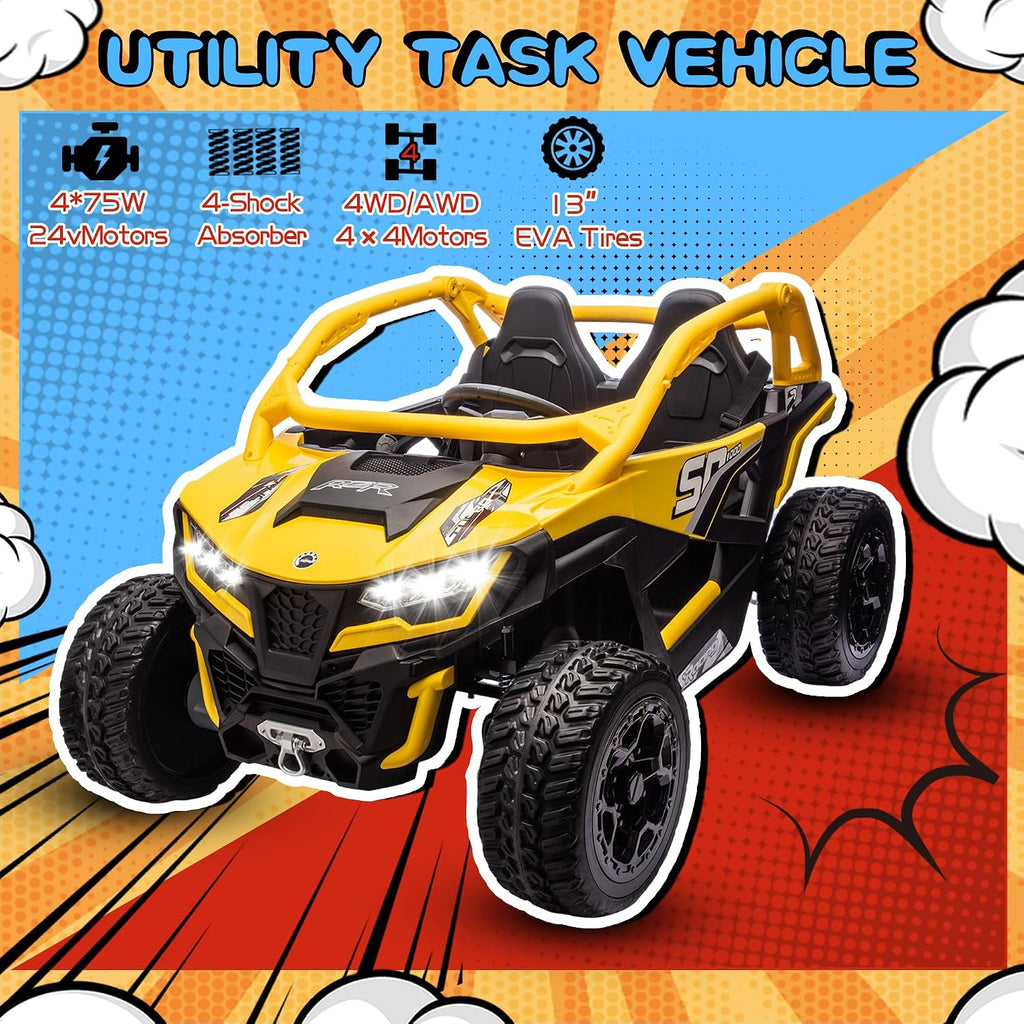 wanan XL 24V 10AH Ride on Toys for Big Kids Real 2-Seater, 4x4 4WD Motor Ride on Car Kid UTV for Kids 3-8, Remote Control, Bluetooth Music, 4 Spring Suspension, 22' Spacious Seats (Yellow)