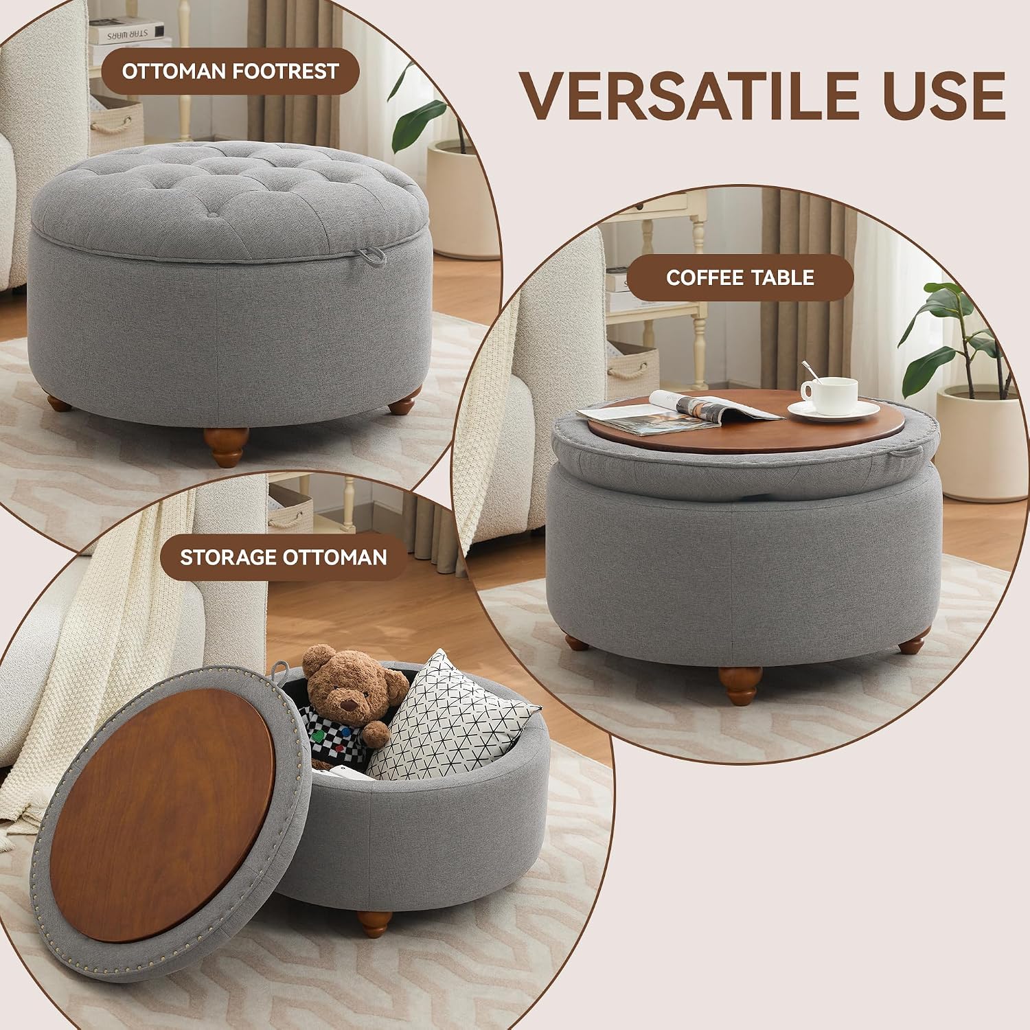 WUTUTUEE 30Inch Round Storage Ottoman with Tray, Modern Tufted Fabric Circle Coffee Table with Storage, Upholstered Ottoman with Removable Top for Living Room, Bedroom, Light Grey