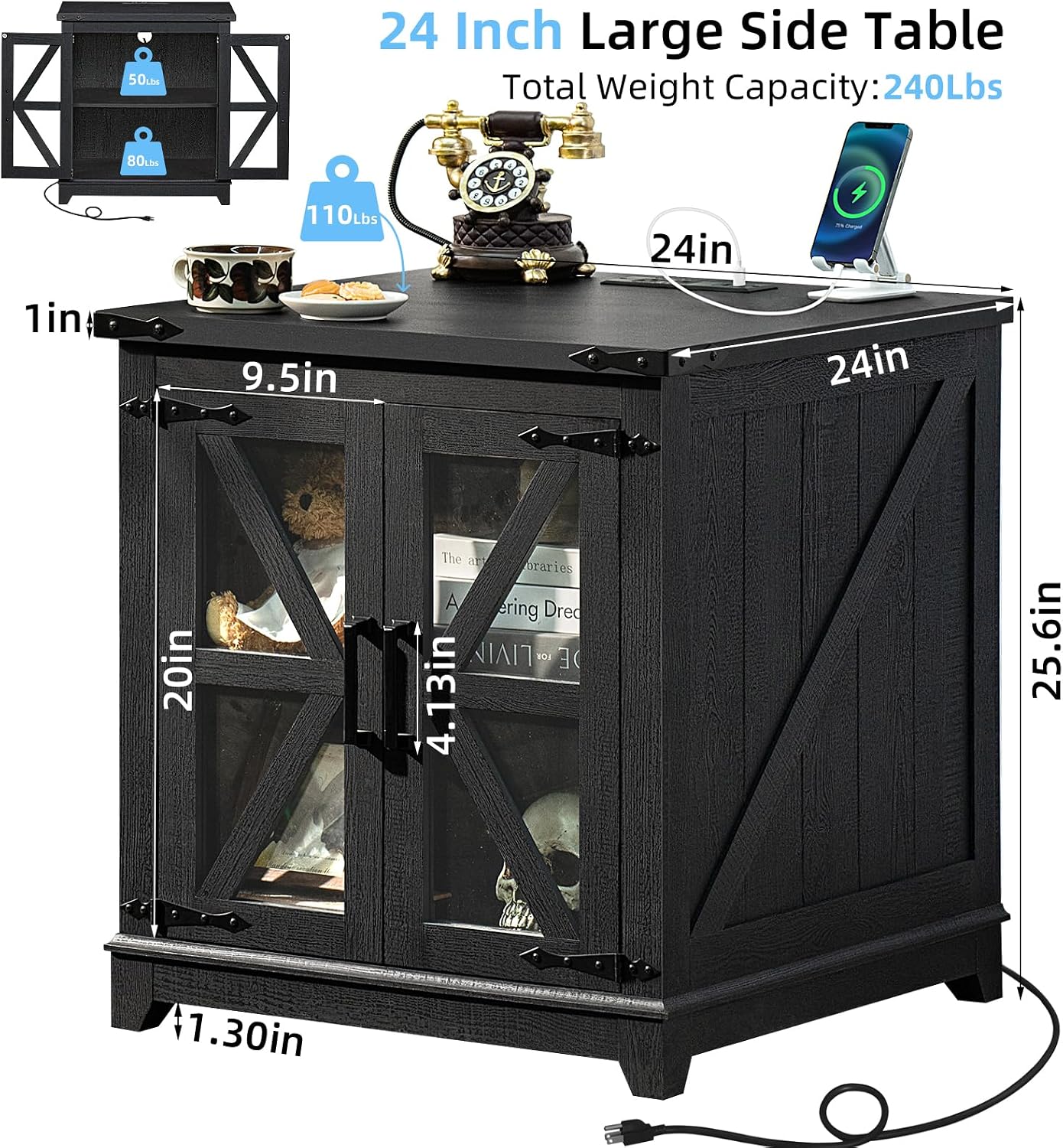 Farmhouse End Table Set of 2,24' Large Sofa Side Table with Charging Station Glass Barn Door,Wood Nightstand with Adjustable Storage Shelf,Square Bedside Table for Living Room,Bedroom,Office-Black