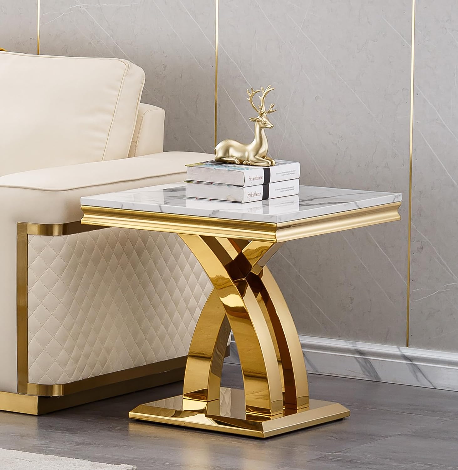 Marble Coffee Table Set of 3, 3 Piece Living Room Table Set Include 1 Coffee Table & 1 End Table & 1 Console Table, Modern White Gold Coffee Sofa Table Sets with Double X Shape Stainless Steel Base