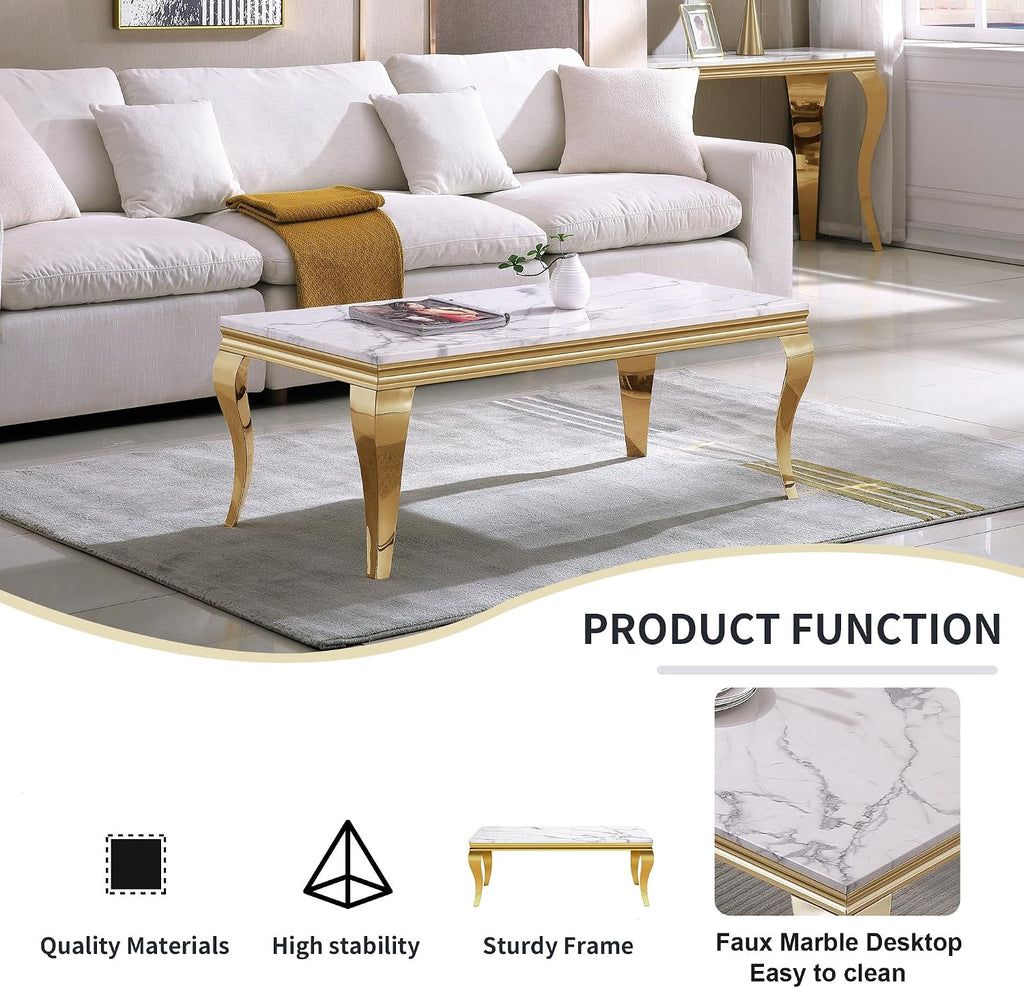 47' Marble Coffee Table for Living Room, Modern White Coffee Table with Gold Stainless Steel S-Shaped Legs, Faux Marble Rectangle Center Table Accent Cocktail Table for Home,Office