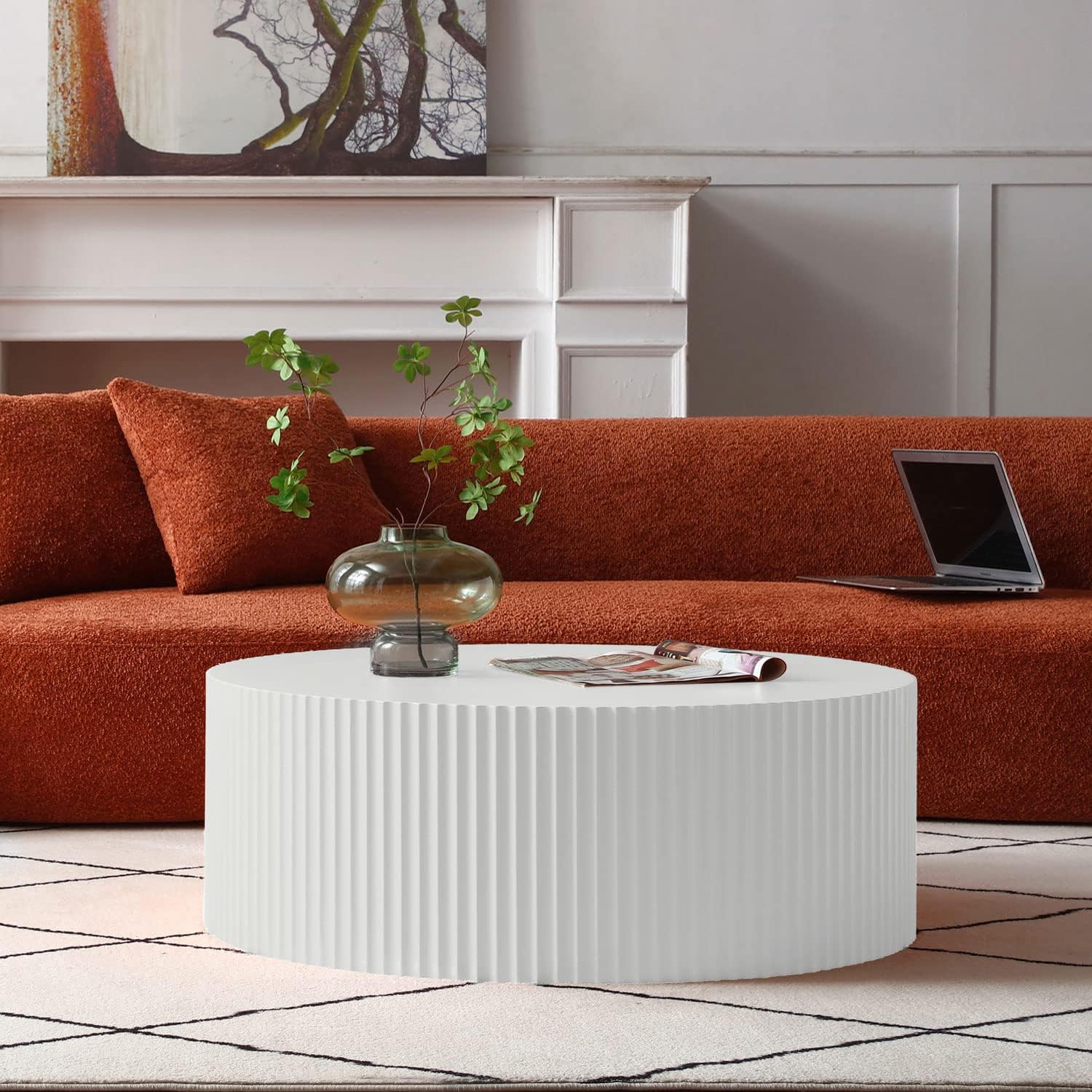 White Round Coffee Table, Modern Nesting Coffee Table End Table Set for Living Room, Wood Circle Drum Side Table, Matte White