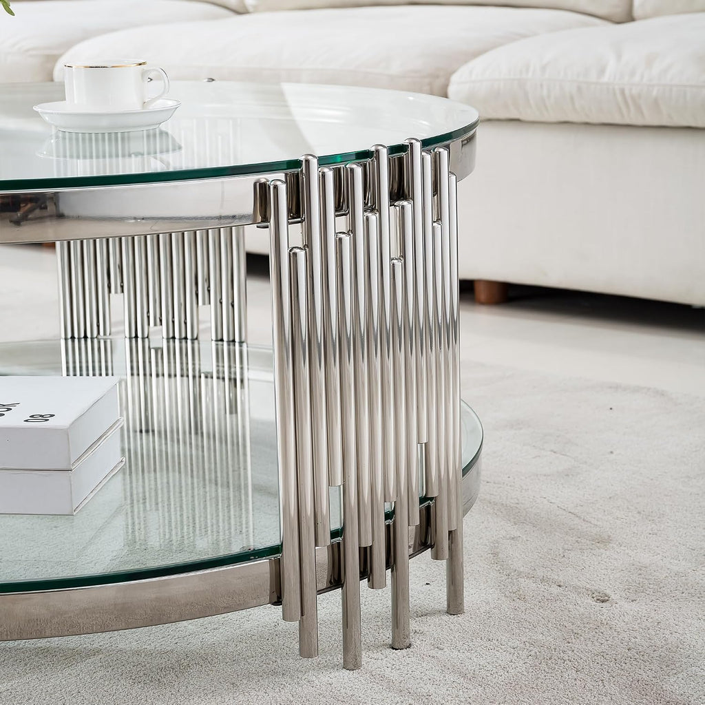 Luxury Glass Round Coffee Table Set of 2, Glass Circle Coffee Table and Clear Glass Side Table with Silver Stainless Steel Base, 2 Piece Living Room Coffee Table Set for Apartment Bedroom