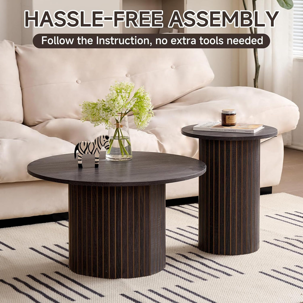 Round Coffee Tables Set of 2, Circle Modern Small Wood Side Table with Fluted Style Drum Base for Living Room Bedroom Balcony Office, Balck