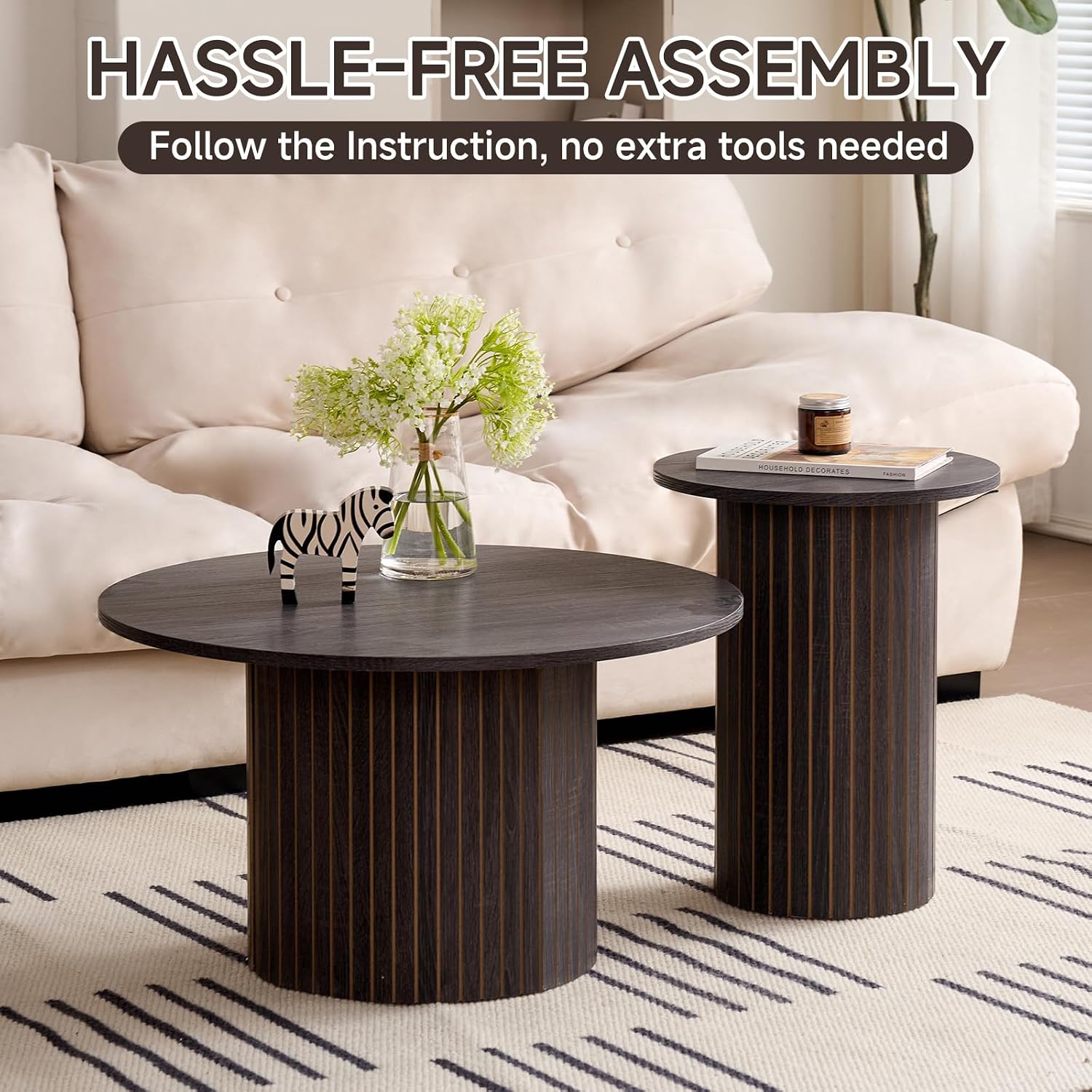 Round Coffee Tables Set of 2, Circle Modern Small Wood Side Table with Fluted Style Drum Base for Living Room Bedroom Balcony Office, Balck