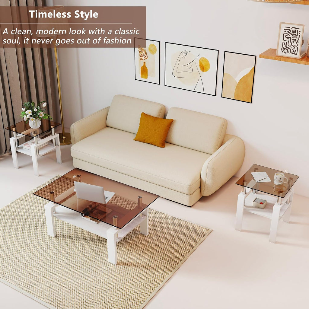 Glass Coffee Table Sets of 3 for Living Room, Mordern End Table Sofa Side Tables with Storage, White Metal Leg, Brown Glass Tabletop Rectangle Tempered Center Table Home Furniture Set
