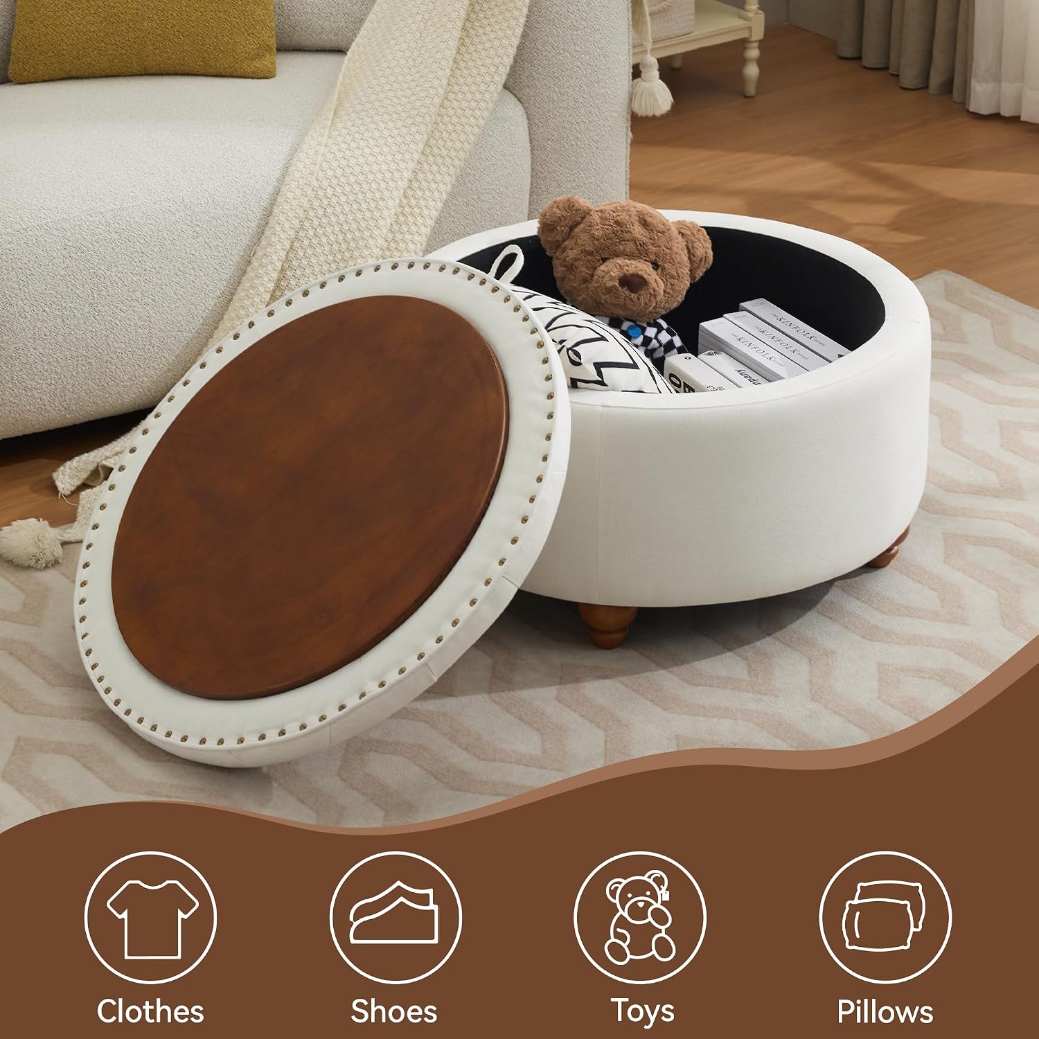 WUTUTUEE 30Inch Round Storage Ottoman with Tray, Modern Tufted Fabric Circle Coffee Table with Storage, Upholstered Ottoman with Removable Top for Living Room, Bedroom, Beige